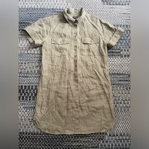 J. Crew Linen Utility Shirt Short Sleeve Dress in Olive Green, Size Small